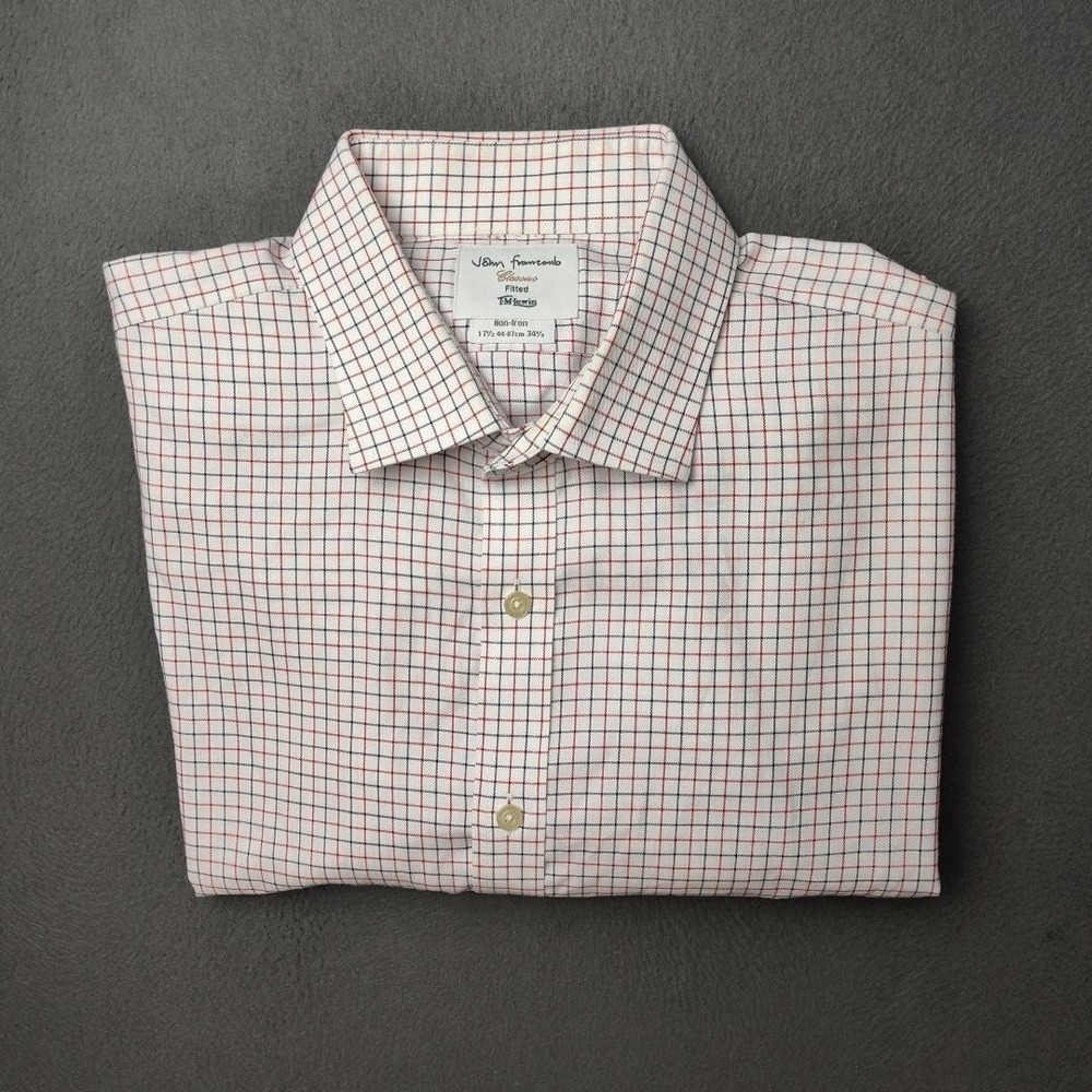 TM Lewin Dress Shirt Mens 17.5 Red Blue Tattersall Non Iron John Francomb Fitted